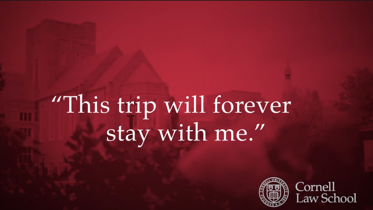 red screen with Cornell logo and "This trip will stay with me forever" written