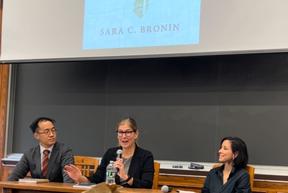 Sara Bronin and her two guest speakers sitting at the front of the classroom addressing the audience at her book celebration